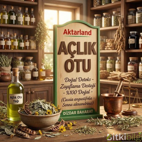 Ahşap bir zemin üzerinde duran kurutulmuş iskenderiye açlık otu yaprakları ve sıvı bitki çayı dolu cam şişe.