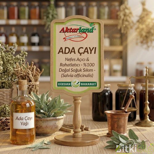 Ahşap bir zemin üzerinde duran kurutulmuş adaçayı yaprakları ve cam şişe içerisinde sıvı bitki çayı.