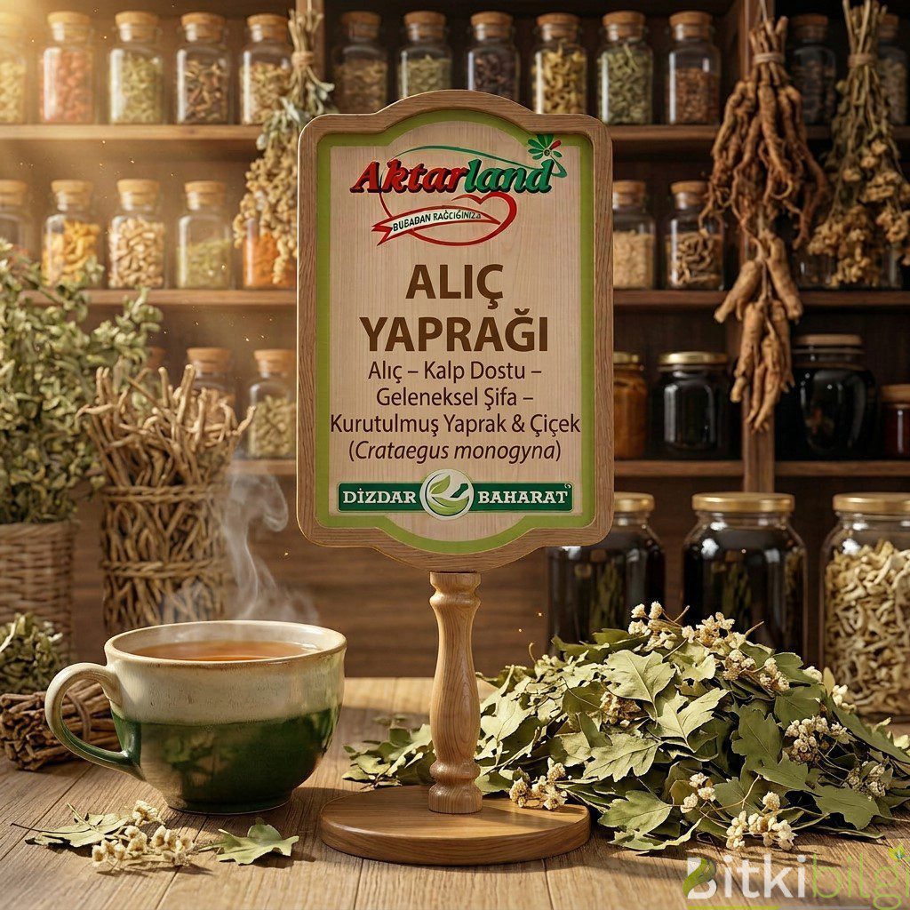 Kurutulmuş yeşil alıç yaprakları ve beyaz alıç çiçekleri, yanında toprak bir kasede demlenmiş bitki çayı.