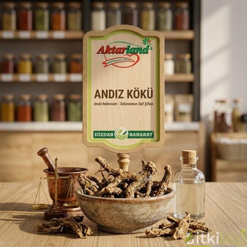 Dış kısmı koyu, içi sarımsı kurutulmuş andız kökü parçaları ve yanında bir fincan bitki çayı.