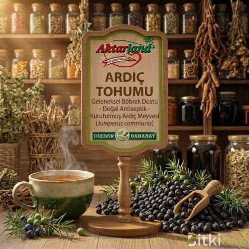 Küçük, yuvarlak ve siyah-mor renkli ardıç tohumları, yanında bir dal taze ardıç ve tahta bir kaşık.