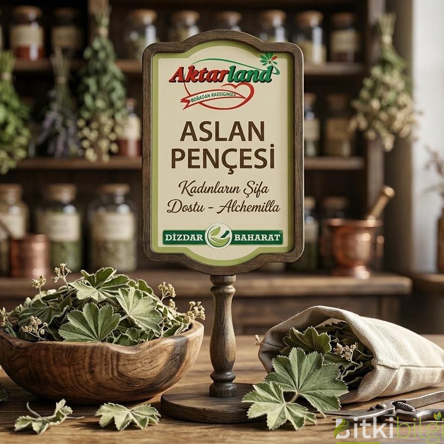 Ahşap bir zemin üzerinde duran kurutulmuş aslan pençesi yaprakları ve şifalı bitki yağı içeren cam şişe