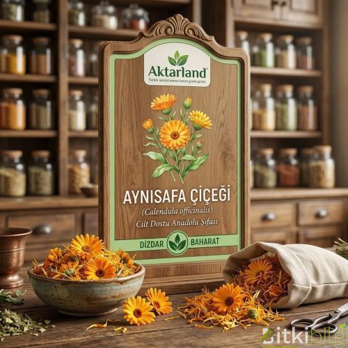 Kurutulmuş turuncu Aynısafa Çiçeği yaprakları ve tıbbi bitki detayları.