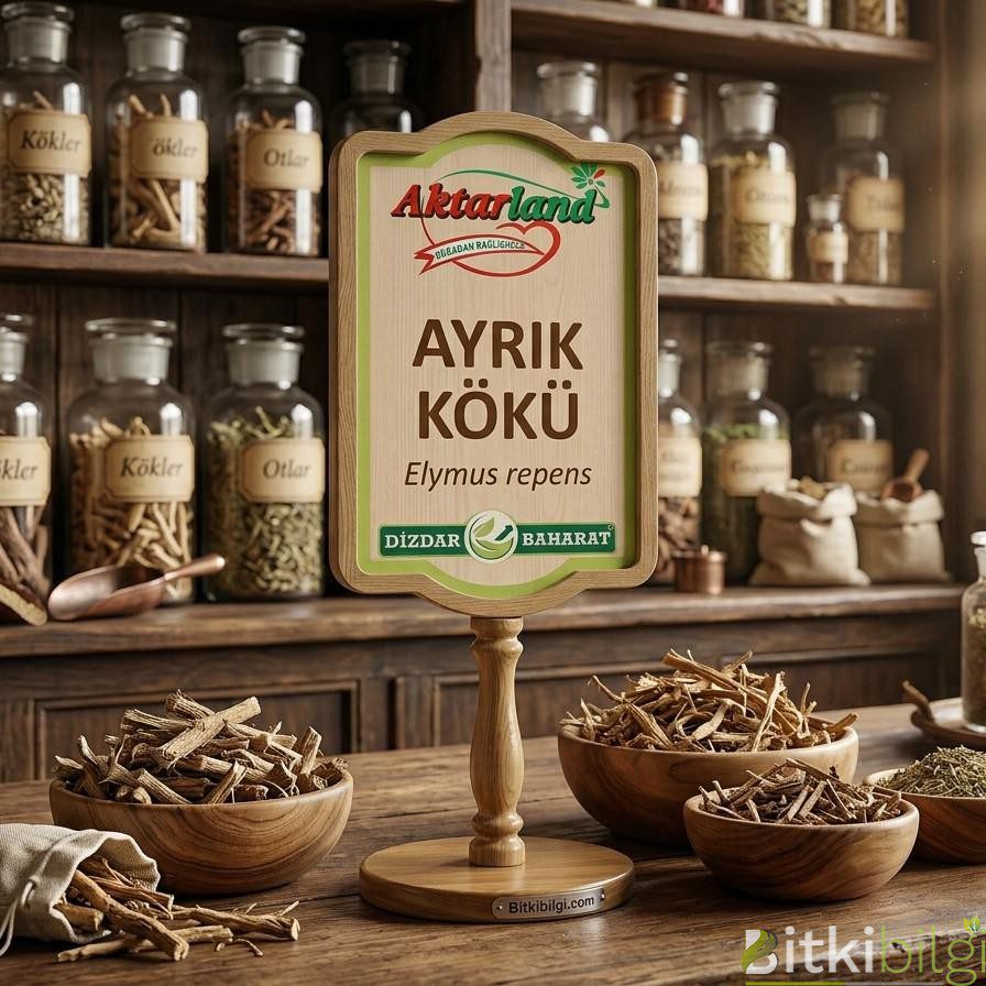 Ahşap bir zemin üzerinde duran kurutulmuş ayrık kökü parçaları ve cam şişe içerisinde sıvı bitki çayı.