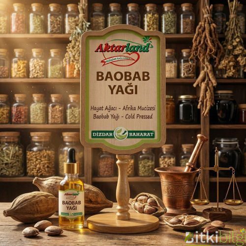 Afrika Baobab ağacı meyveleri, çekirdekleri ve bir şişe altın sarısı Baobab yağı.