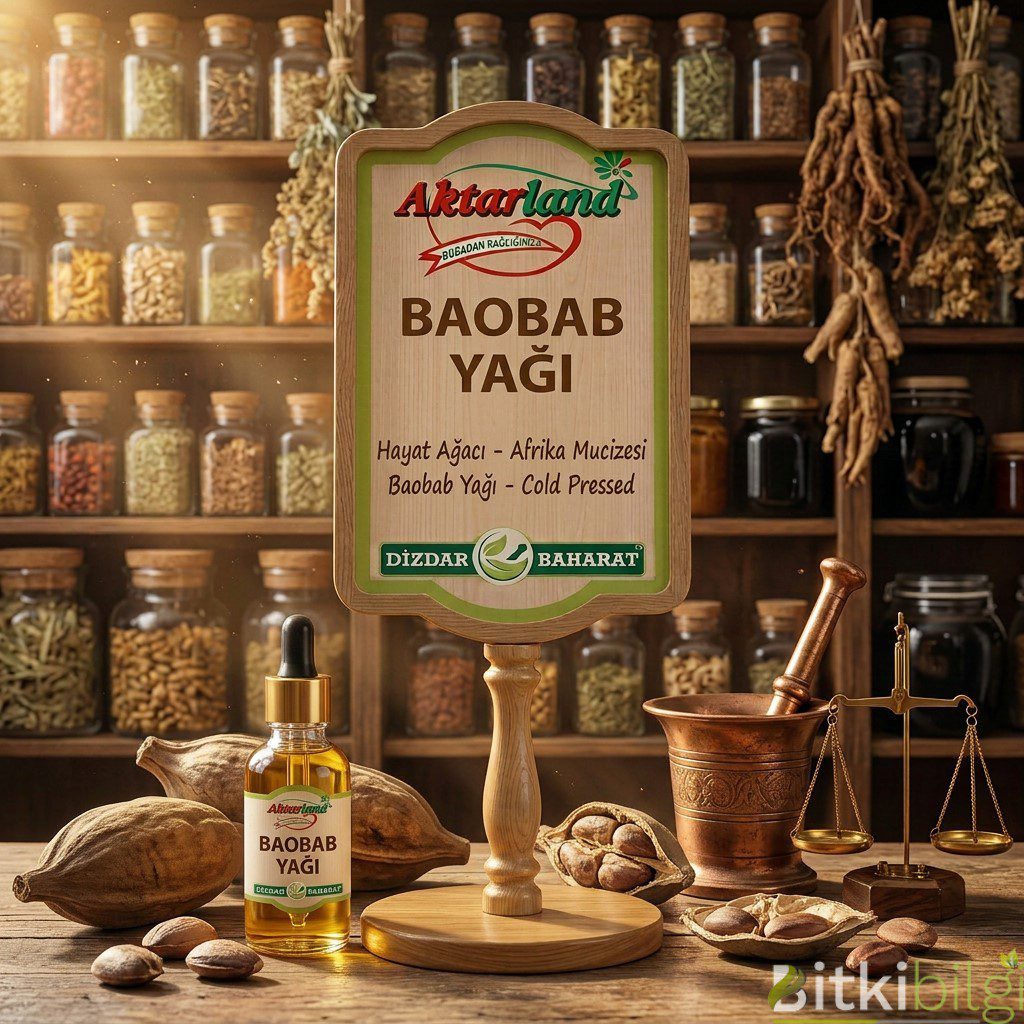 Afrika Baobab ağacı meyveleri, çekirdekleri ve bir şişe altın sarısı Baobab yağı.