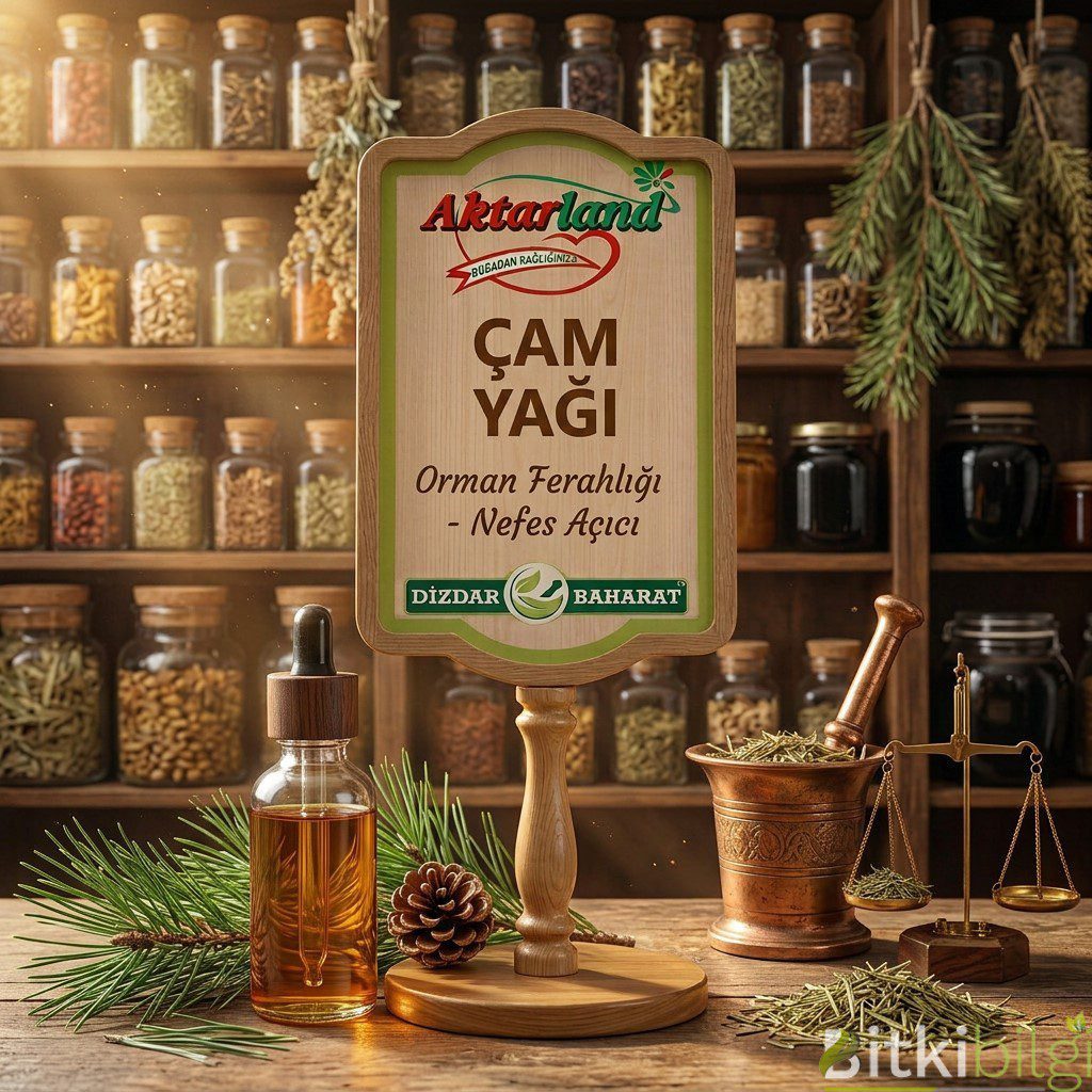 Yeşil çam iğneleri, çam kozalakları ve yanında bir şişe şeffaf Çam yağı.