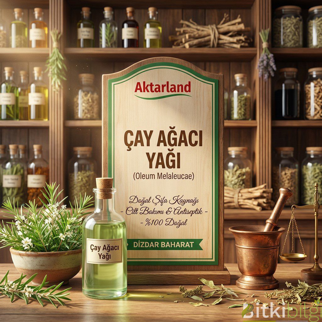 Ahşap bir masa üzerinde taze çay ağacı yaprakları ve doğal çay ağacı yağı şişesi.