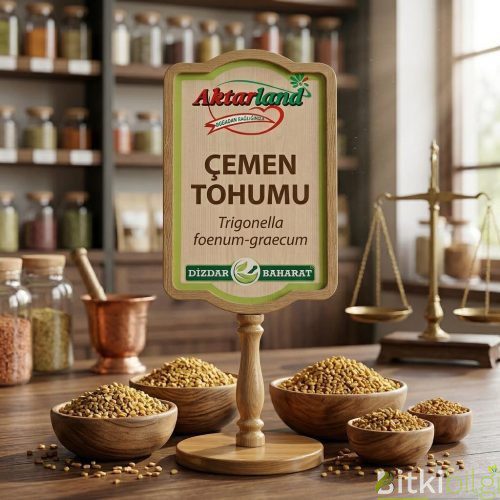 Ahşap bir zemin üzerinde duran kurutulmuş çemen tohumu taneleri ve cam şişe içerisinde sıvı bitki çayı.