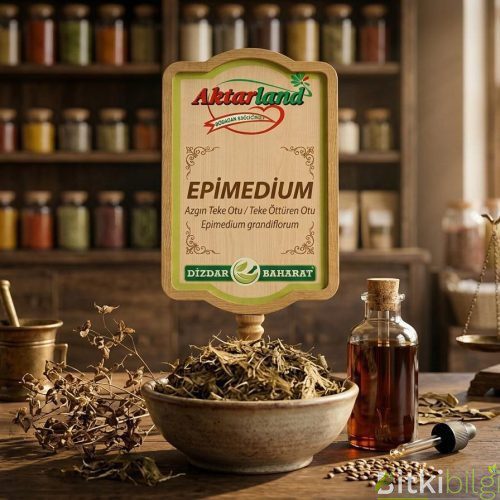 Kalp şeklinde yeşil Epimedium yaprakları ve kurutulmuş Azgın Teke Otu parçaları.
