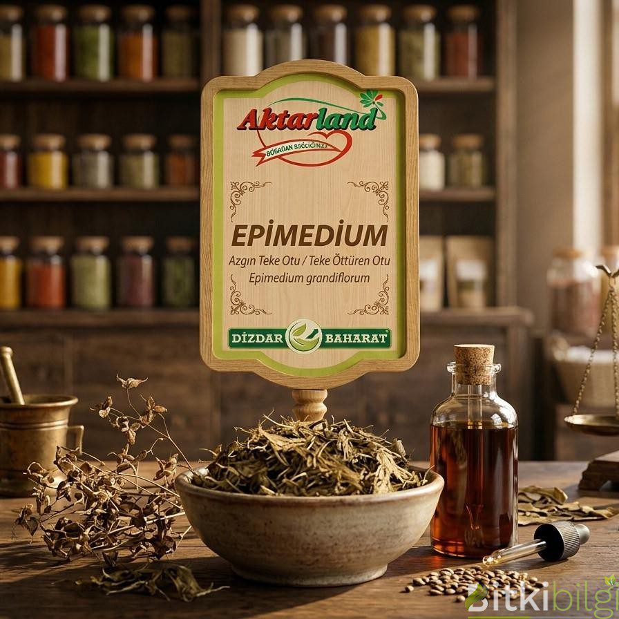 Kalp şeklinde yeşil Epimedium yaprakları ve kurutulmuş Azgın Teke Otu parçaları.
