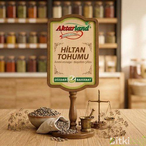 Küçük, grimsi-kahverengi hiltan tohumları (kürdan otu tohumu), yanında kurutulmuş kürdan otu çiçek sapları.