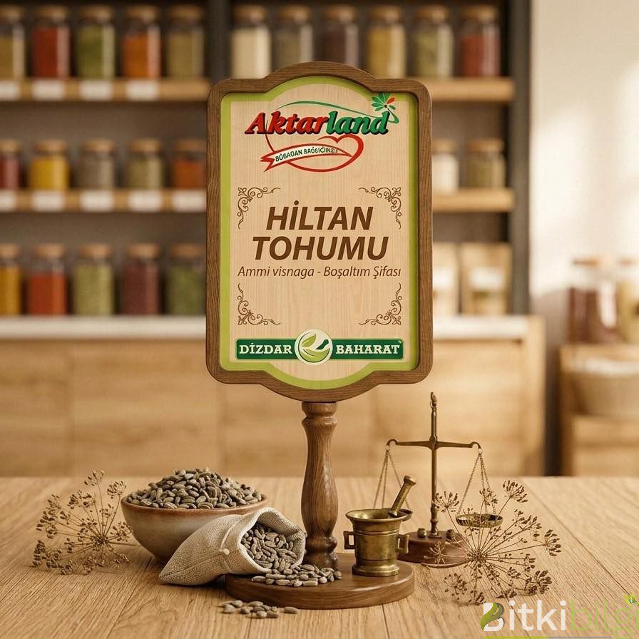 Küçük, grimsi-kahverengi hiltan tohumları (kürdan otu tohumu), yanında kurutulmuş kürdan otu çiçek sapları.