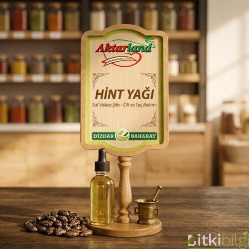 Koyu renkli cam şişede yoğun kıvamlı Hint yağı, yanında Hint yağı bitkisi tohumları ve ahşap kaşık.