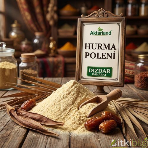 İpeksi sarı renkli hurma poleni tozu, yanında taze hurmalar ve hurma ağacı lifleri.