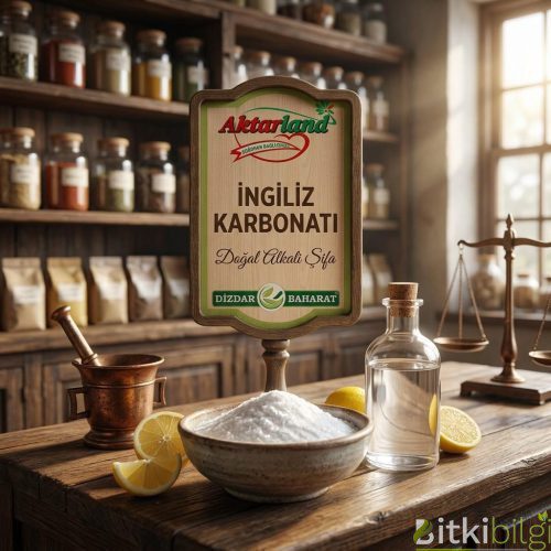 Beyaz kristal yapıda ince İngiliz karbonatı tozu, yanında bir bardak su ve limon dilimi.
