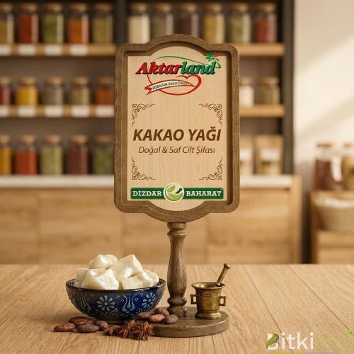 Kırılmış katı kakao yağı parçaları, yanında bütün kakao çekirdekleri ve dekoratif bir kakao meyvesi.
