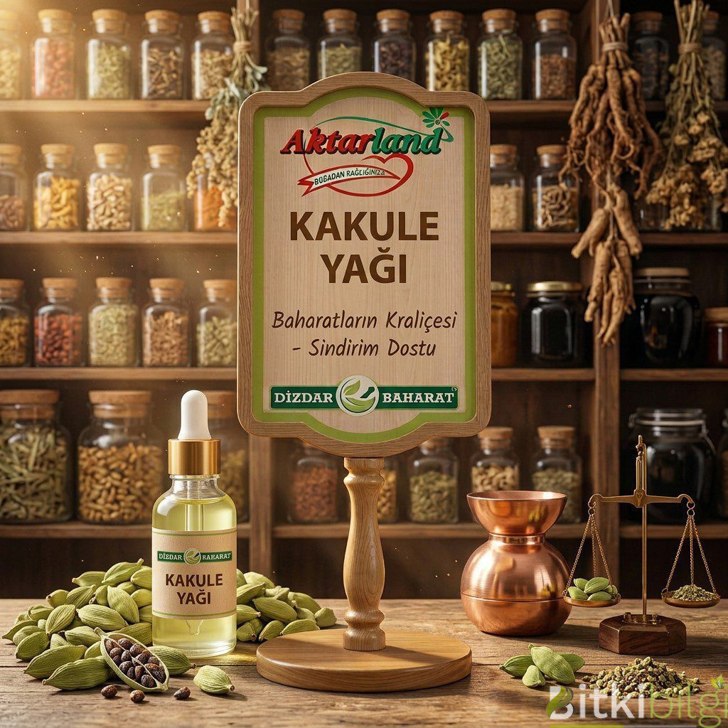 Yeşil kakule kapsülleri, siyah tohumlar ve yanında bir şişe şeffaf Kakule yağı.