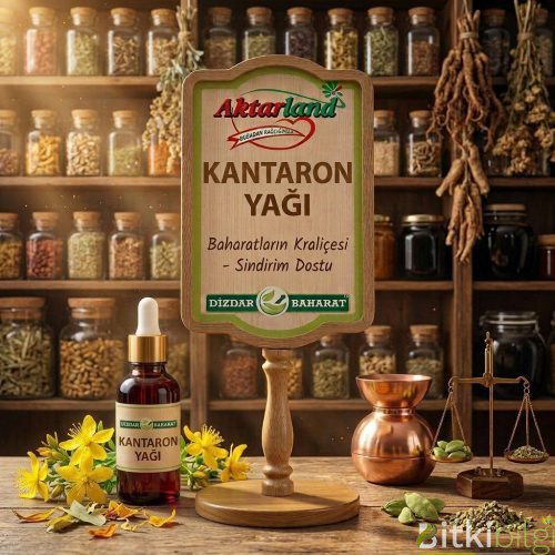 Koyu kırmızı renkli kantaron yağı şişesi, yanında taze sarı kantaron çiçekleri ve bir kasede zeytinyağı.