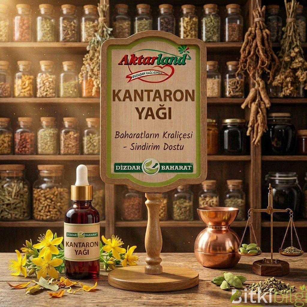 Koyu kırmızı renkli kantaron yağı şişesi, yanında taze sarı kantaron çiçekleri ve bir kasede zeytinyağı.