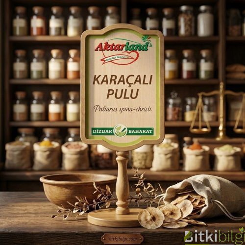 Ahşap bir zemin üzerinde duran kurutulmuş karaçalı pulu tohumları ve cam şişe içerisinde sıvı bitki çayı.