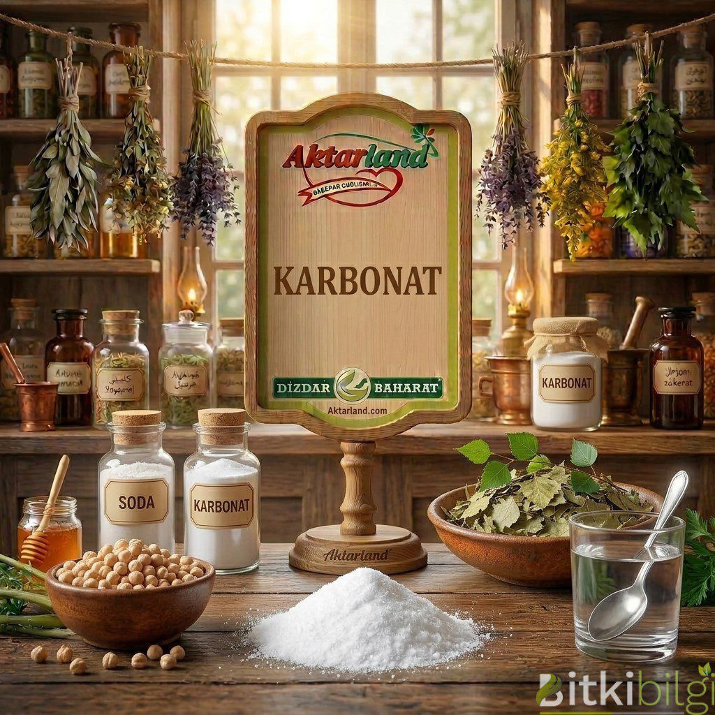 Beyaz kristal yapıda saf karbonat tozu, yanında bir kase bakliyat ve alkali su.