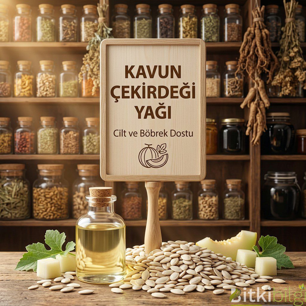 Kurutulmuş kavun çekirdekleri ve yanında bir şişe açık altın sarısı Kavun Çekirdeği yağı.