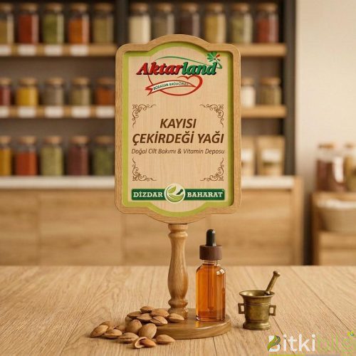 Sarı renkli kayısı çekirdeği yağı şişesi, yanında bir avuç kayısı çekirdeği ve taze kayısı meyveleri.