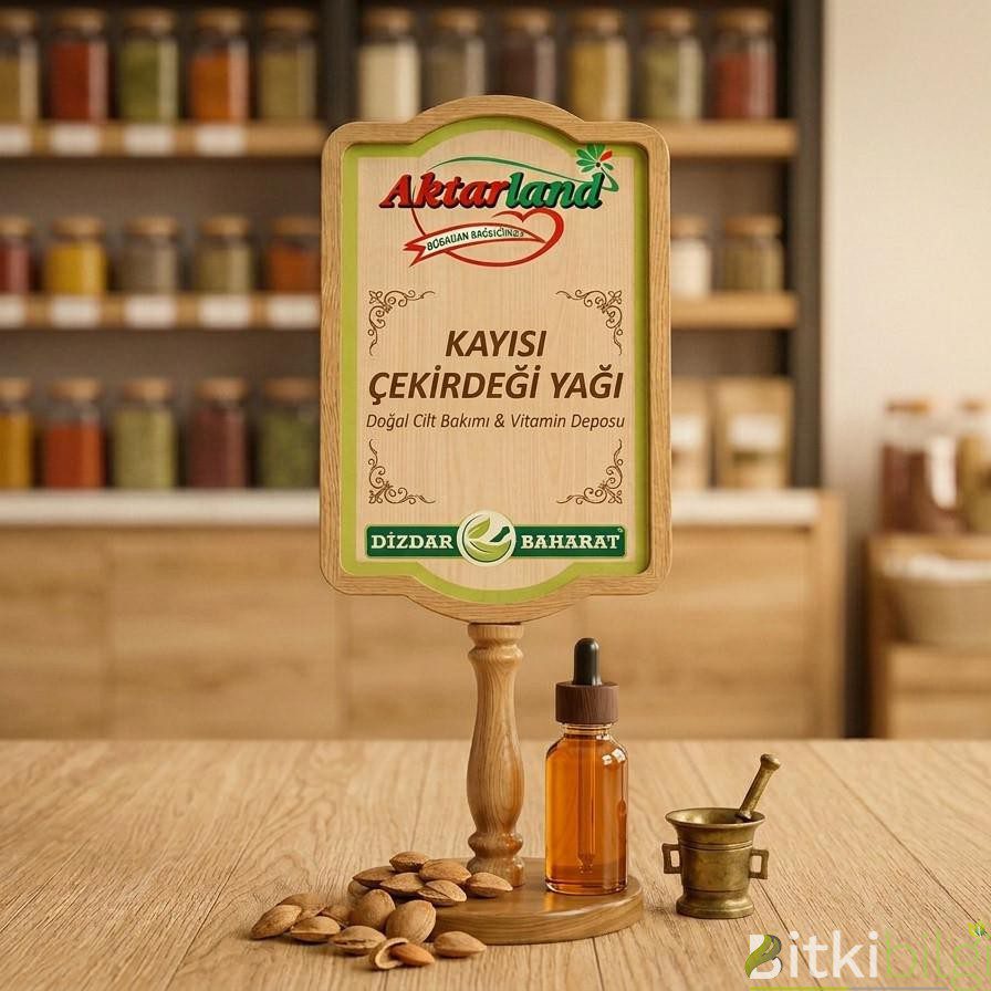 Sarı renkli kayısı çekirdeği yağı şişesi, yanında bir avuç kayısı çekirdeği ve taze kayısı meyveleri.