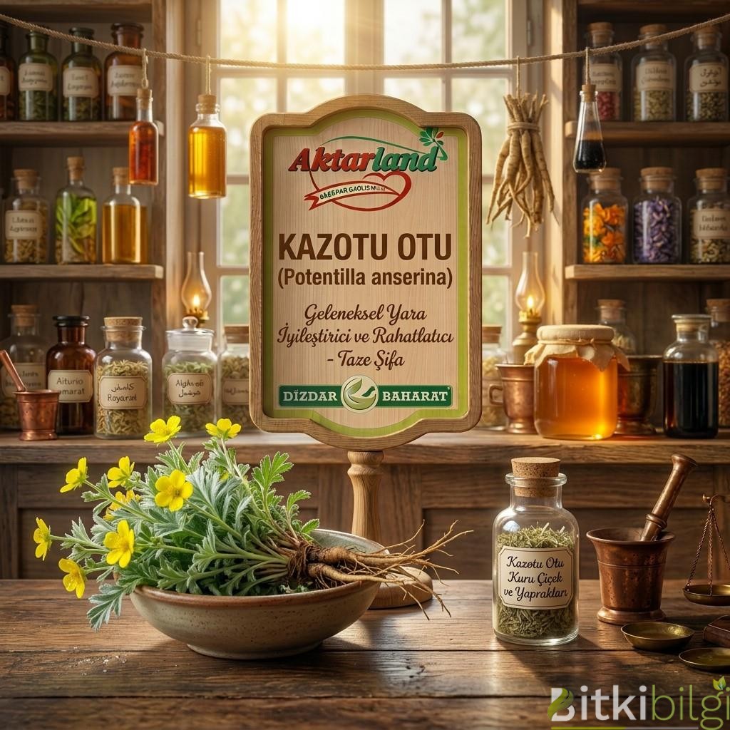 Aktarland ve Dizdar Baharat logolu tabelada Kaz Otu (Sirken) ve yanında taze yeşil yapraklar.
