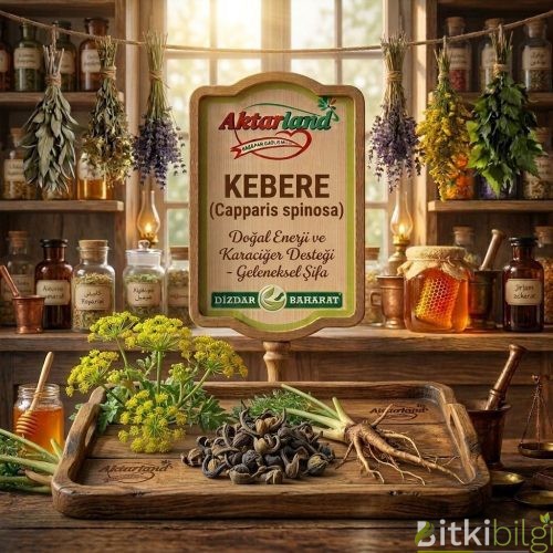 Aktarland ve Dizdar Baharat logolu tabelada Kebere (Kapari) bitkisi ve karakteristik beyaz-mor çiçekleri.
