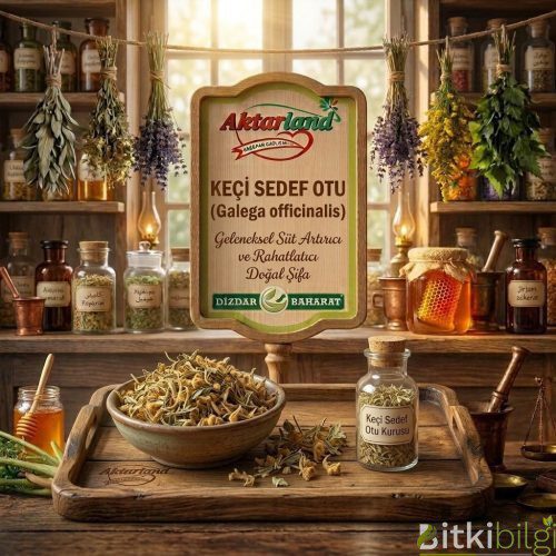 Aktarland ve Dizdar Baharat markalı tanıtım tabelası önünde, leylak rengi çiçekleri olan taze keçi sedef otu dalları.