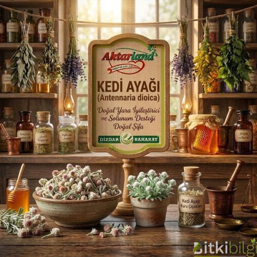 Aktarland ve Dizdar Baharat markalı tanıtım tabelası önünde, yumuşak tüylü ve beyaz-pembe çiçekli kedi ayağı otu demeti.