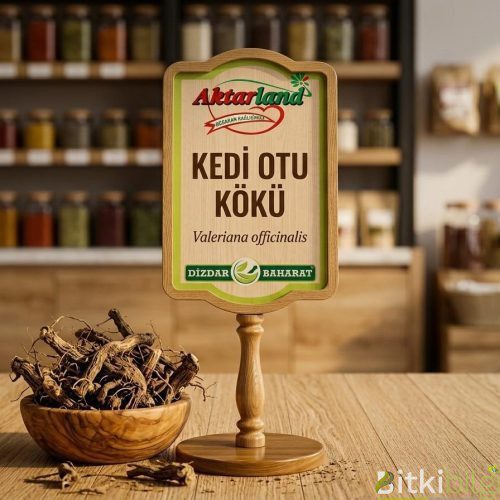 Ahşap bir zemin üzerinde duran kurutulmuş kedi otu kökü parçaları.