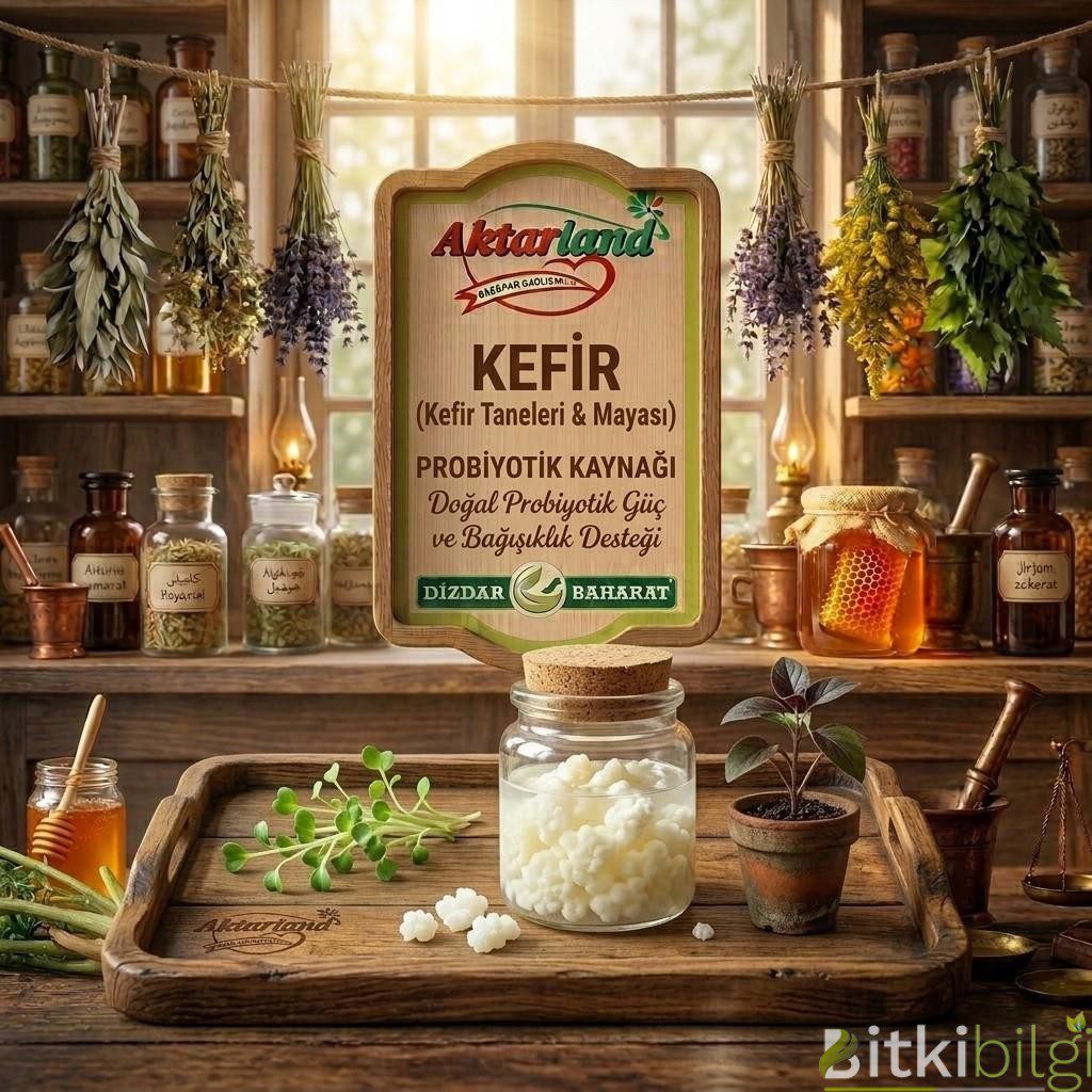 Aktarland ve Dizdar Baharat markalı tanıtım tabelası önünde, cam bardakta taze kefir ve yanında karnabahar görünümlü kefir mayası granülleri.