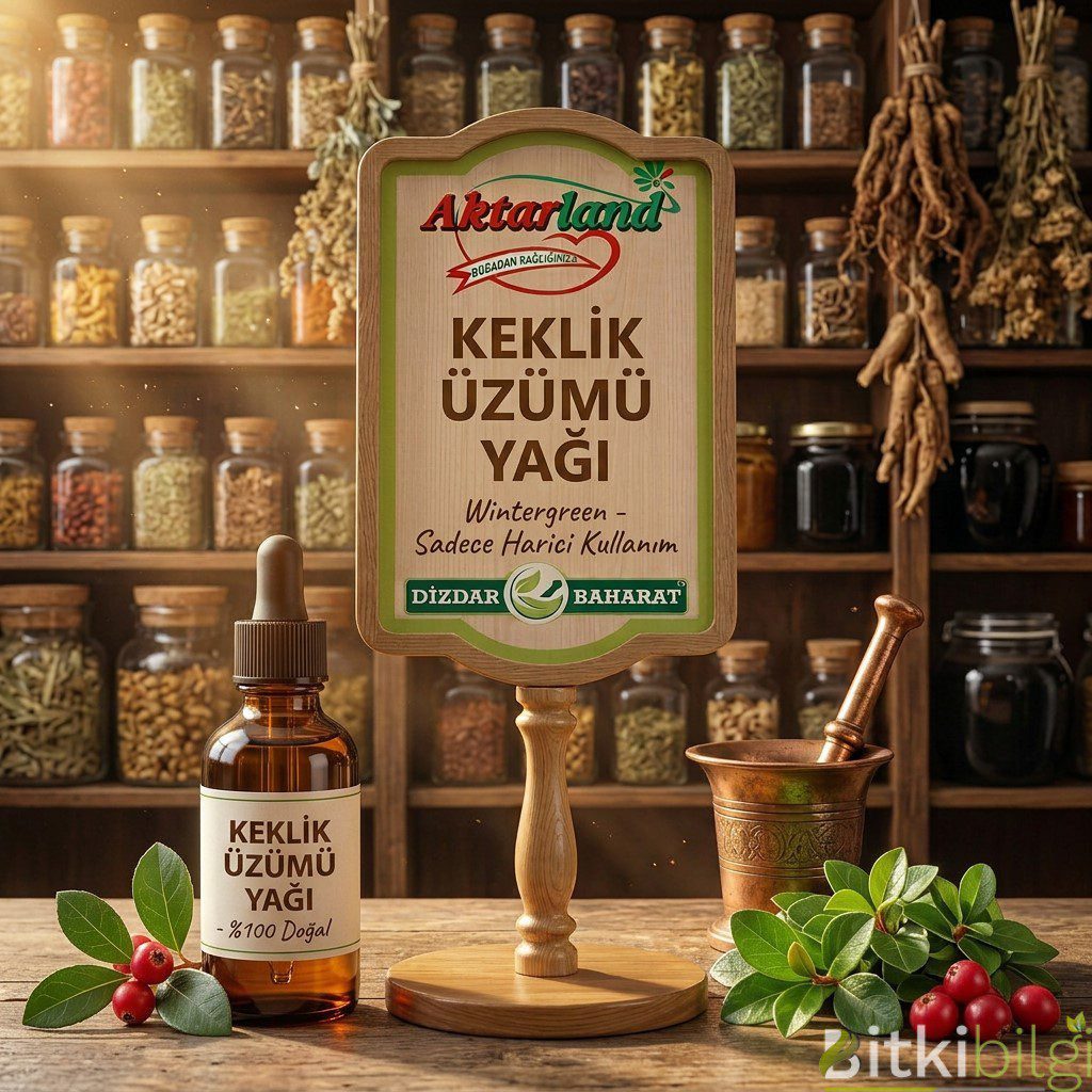 Koyu yeşil yapraklı keklik üzümü bitkisi ve yanında küçük amber renkli uçucu yağ şişesi.