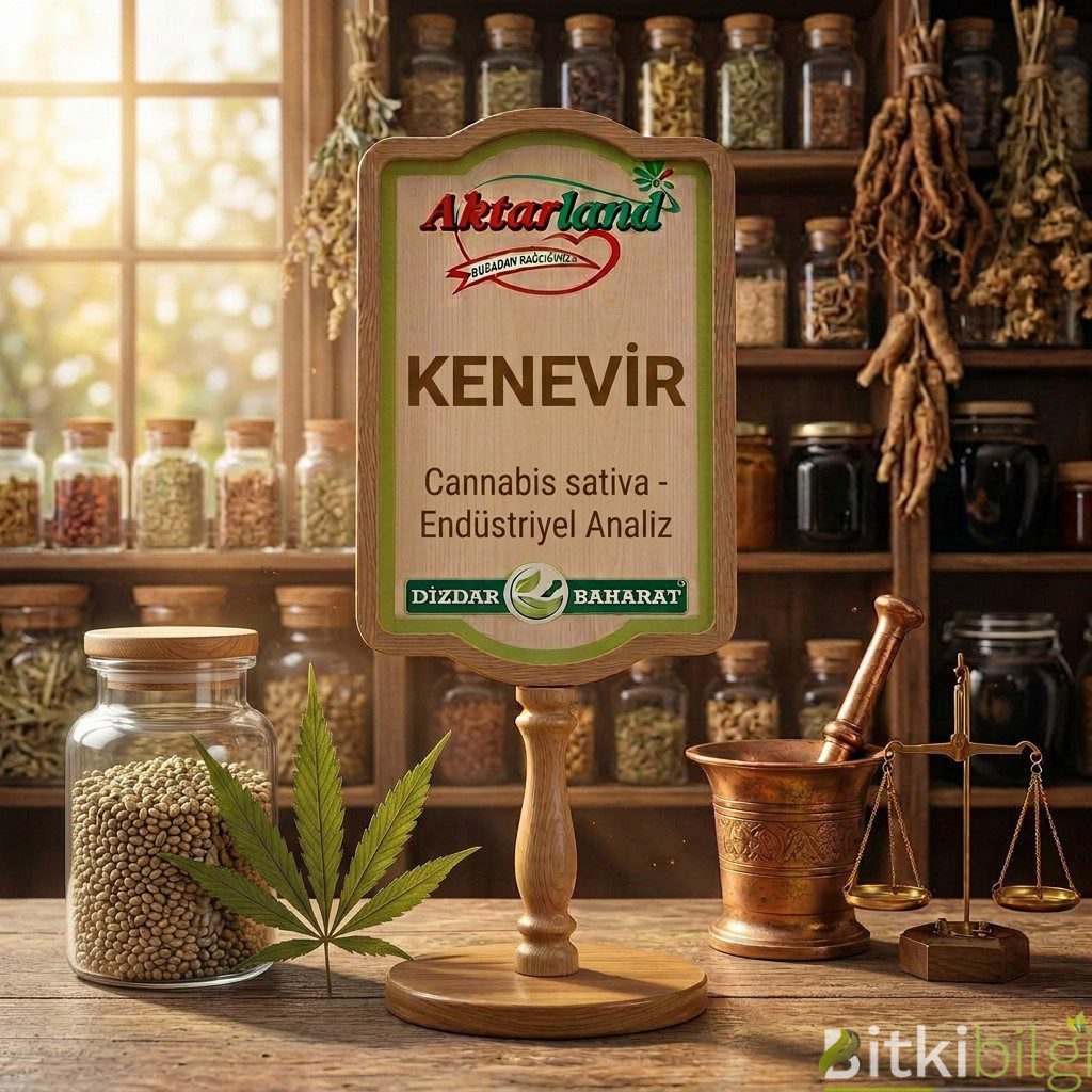 Aktarland ve Dizdar Baharat markalı tanıtım tabelası önünde, endüstriyel kenevir tohumları (çetene) ve karakteristik yelpaze yaprak formu.