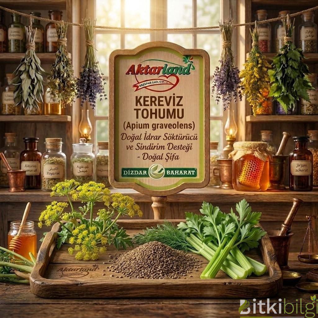 Aktarland ve Dizdar Baharat markalı tanıtım tabelası önünde, küçük taneli kahverengi kereviz tohumları.