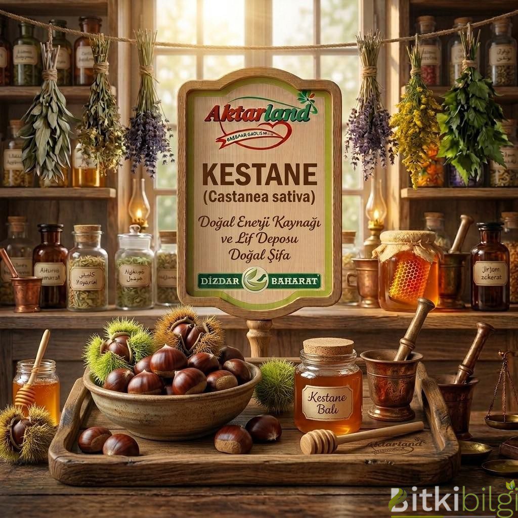Aktarland ve Dizdar Baharat markalı tabelada taze kestaneler ve dikenli dış kabukları.