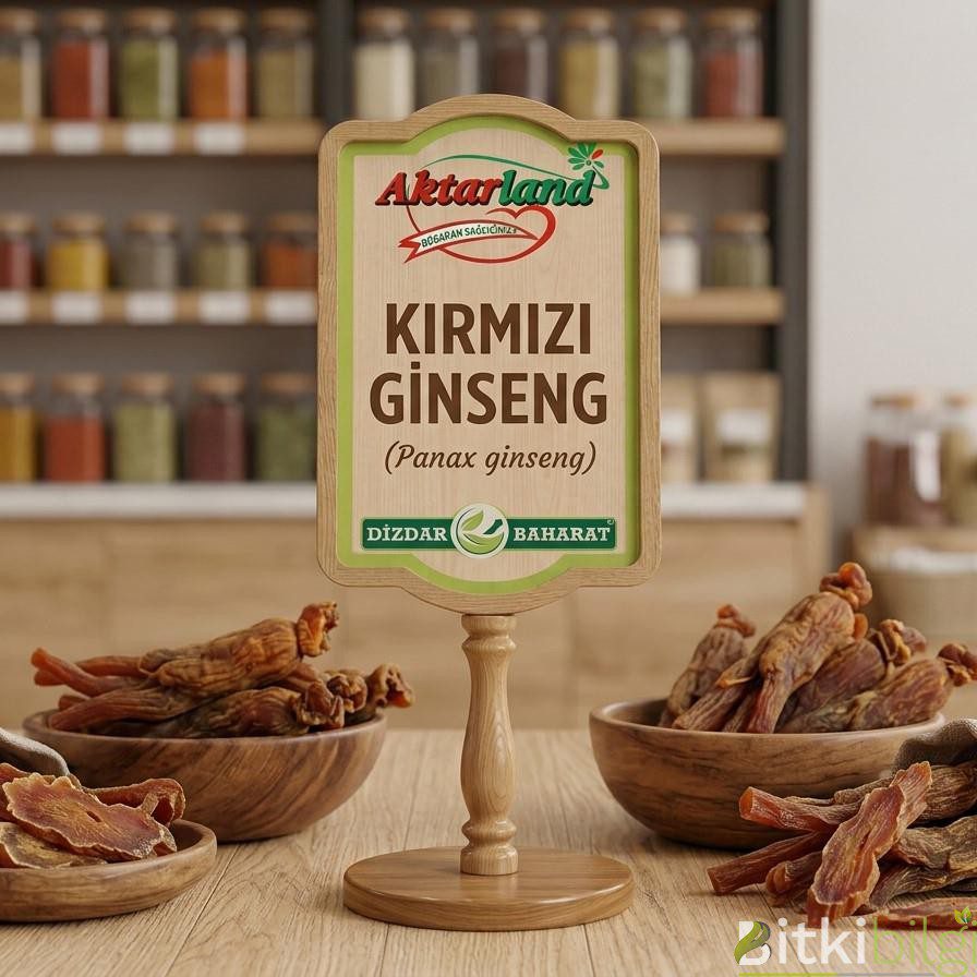 Ahşap bir zemin üzerinde duran kurutulmuş kırmızı ginseng kökleri ve sıvı ginseng ekstraktı içeren cam şişe.