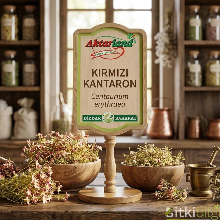 Cam şişede parlak kırmızı renkli kantaron yağı, yanında taze sarı kantaron çiçekleri ve zeytinyağı.