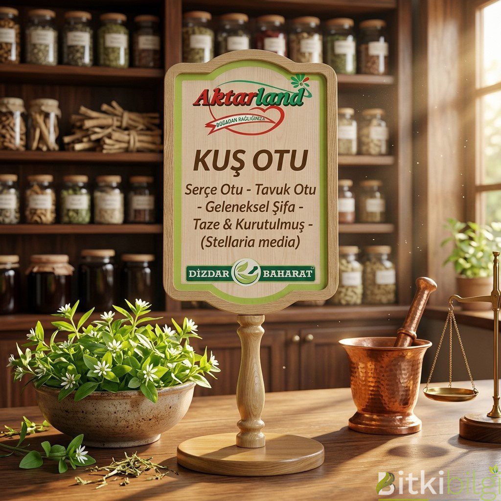 Aktarland ve Dizdar Baharat markalı taze kuş otu (cücük otu) ve aktar ekipmanları