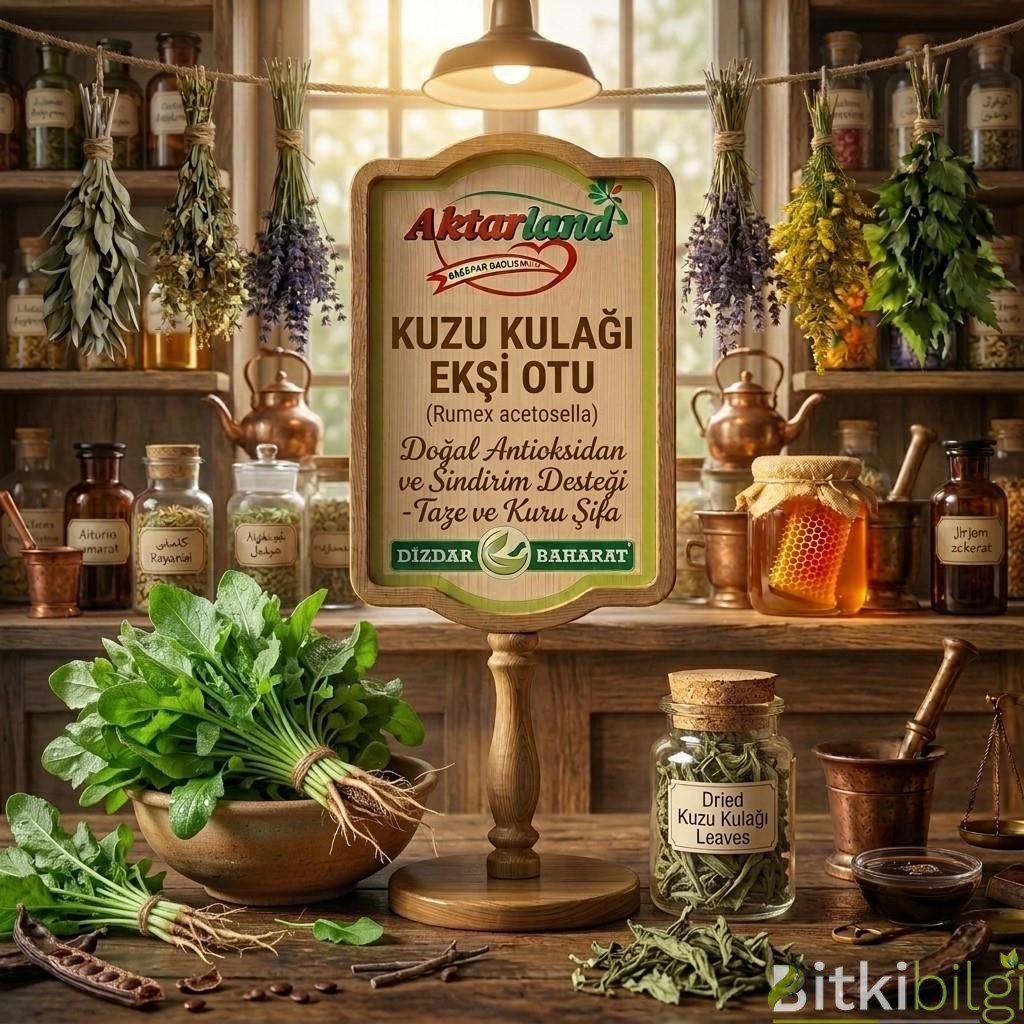 Ahşap masa üzerinde taze yeşil kuzu kulağı yaprakları, kurutulmuş kuzu kulağı otu ve demlenmiş şifalı bitki çayı