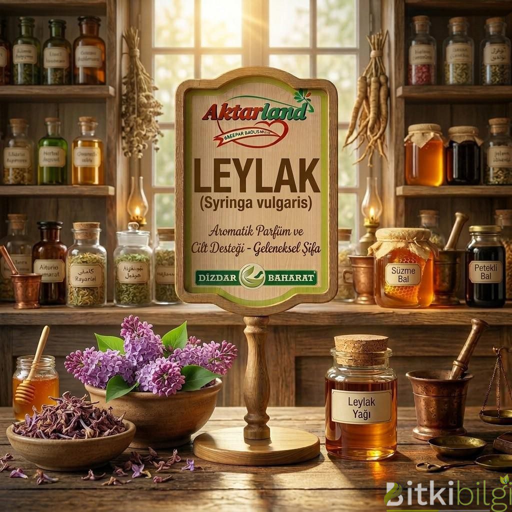 Ahşap masa üzerinde taze mor leylak dalları, kurutulmuş leylak çiçekleri ve cam fincanda demlenmiş leylak çayı