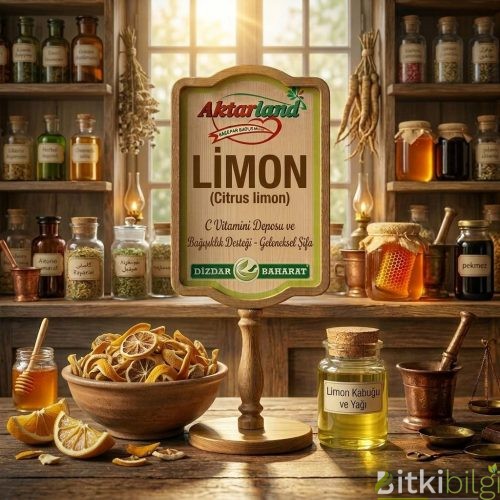 Ahşap masa üzerinde taze kesilmiş sulu limon dilimleri, kurutulmuş limon halkaları ve bir bardak ılık limonlu su