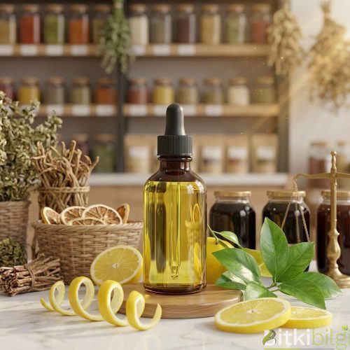 Doğal limon kabuğu uçucu yağı şişesi ve taze