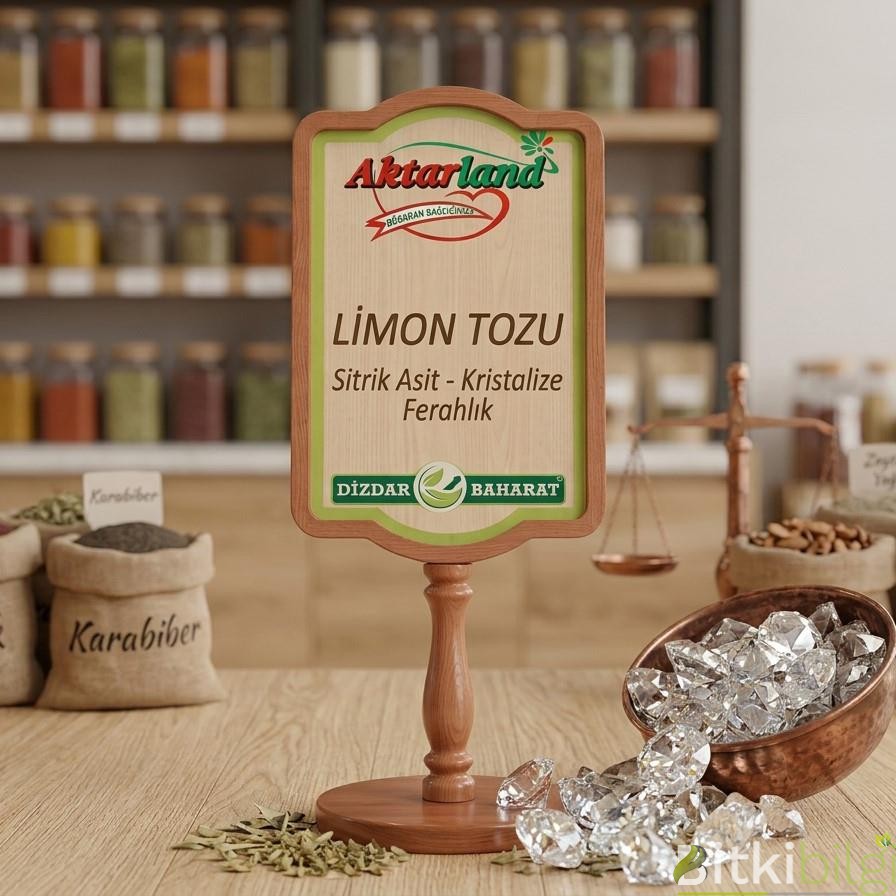 Kristal yapıda saf limon tozu ve yanında taze limon dilimleri - Aktarland ve Dizdar Baharat güvencesiyle.