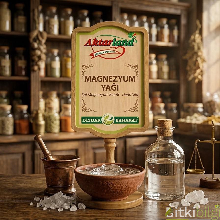 Şeffaf sprey şişesinde magnezyum yağı, yanında magnezyum klorür kristalleri ve dekoratif doğal taşlar.