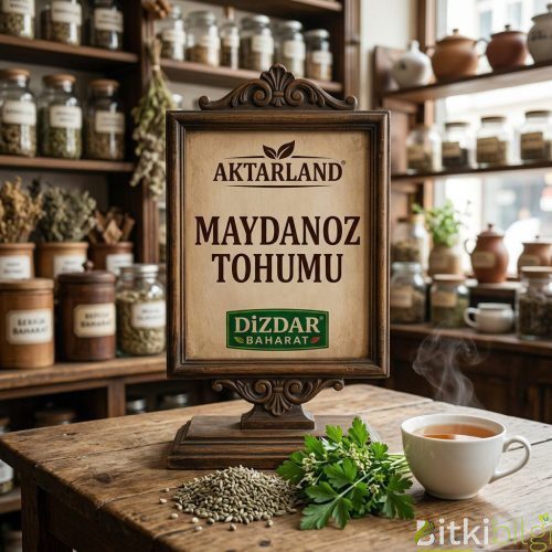 Küçük, grimsi-yeşil renkli karakteristik maydanoz tohumları, yanında bir tutam taze maydanoz.