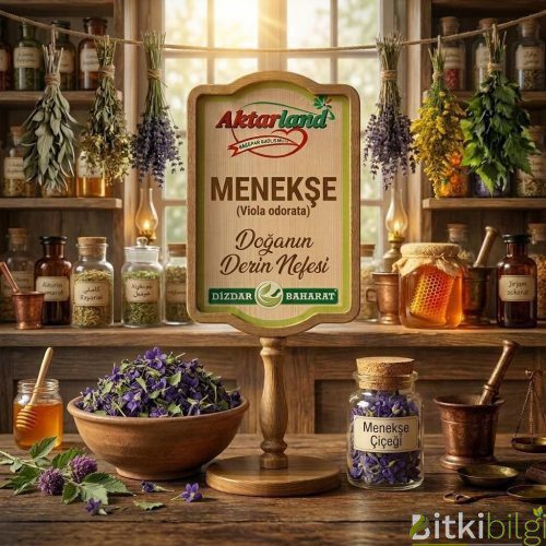 Ahşap masa üzerinde kurutulmuş mor menekşe çiçekleri, şifalı bitki çayı ve taze kokulu menekşe yaprakları